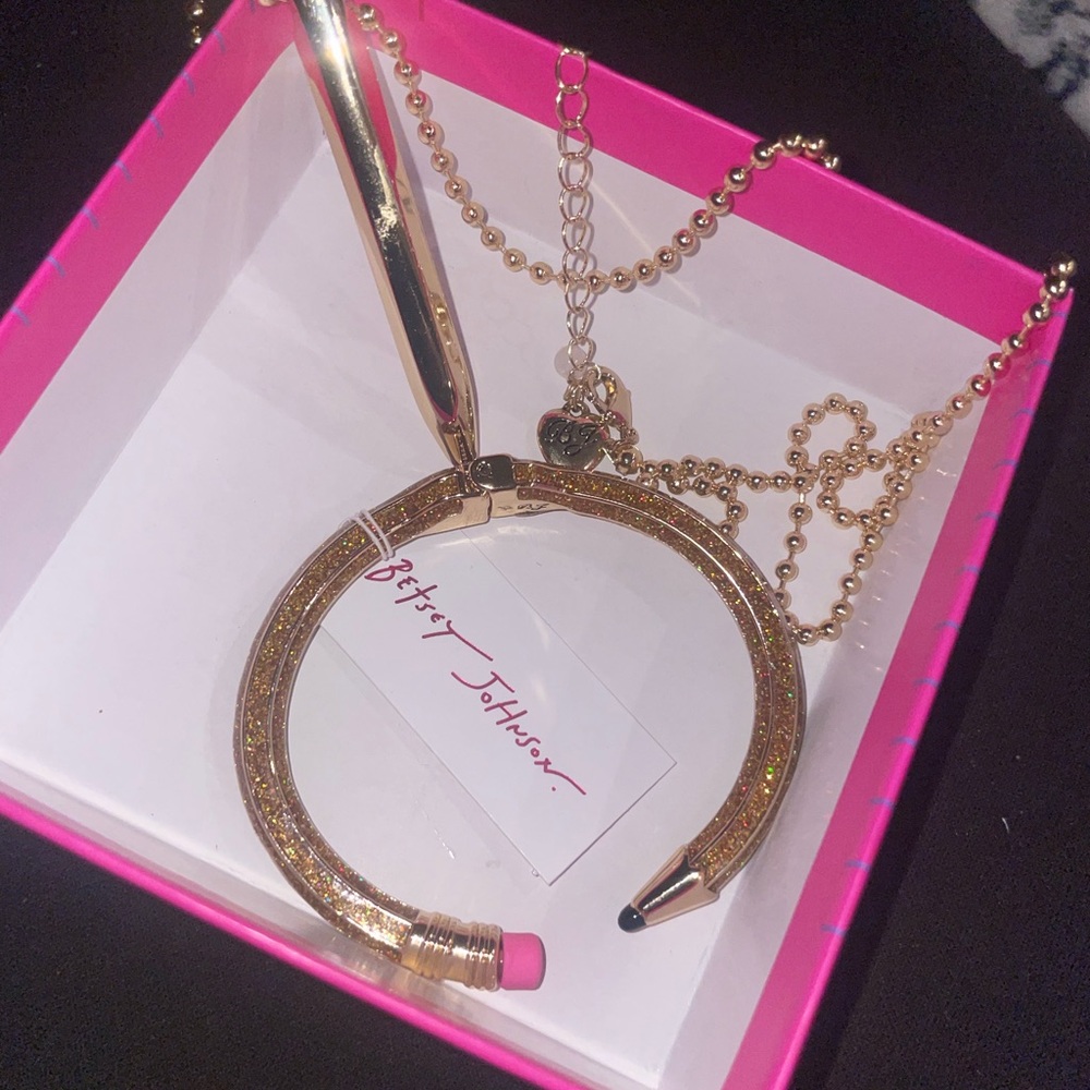 Betsey Johnson Gold and Pink Pencil & Necklace Set